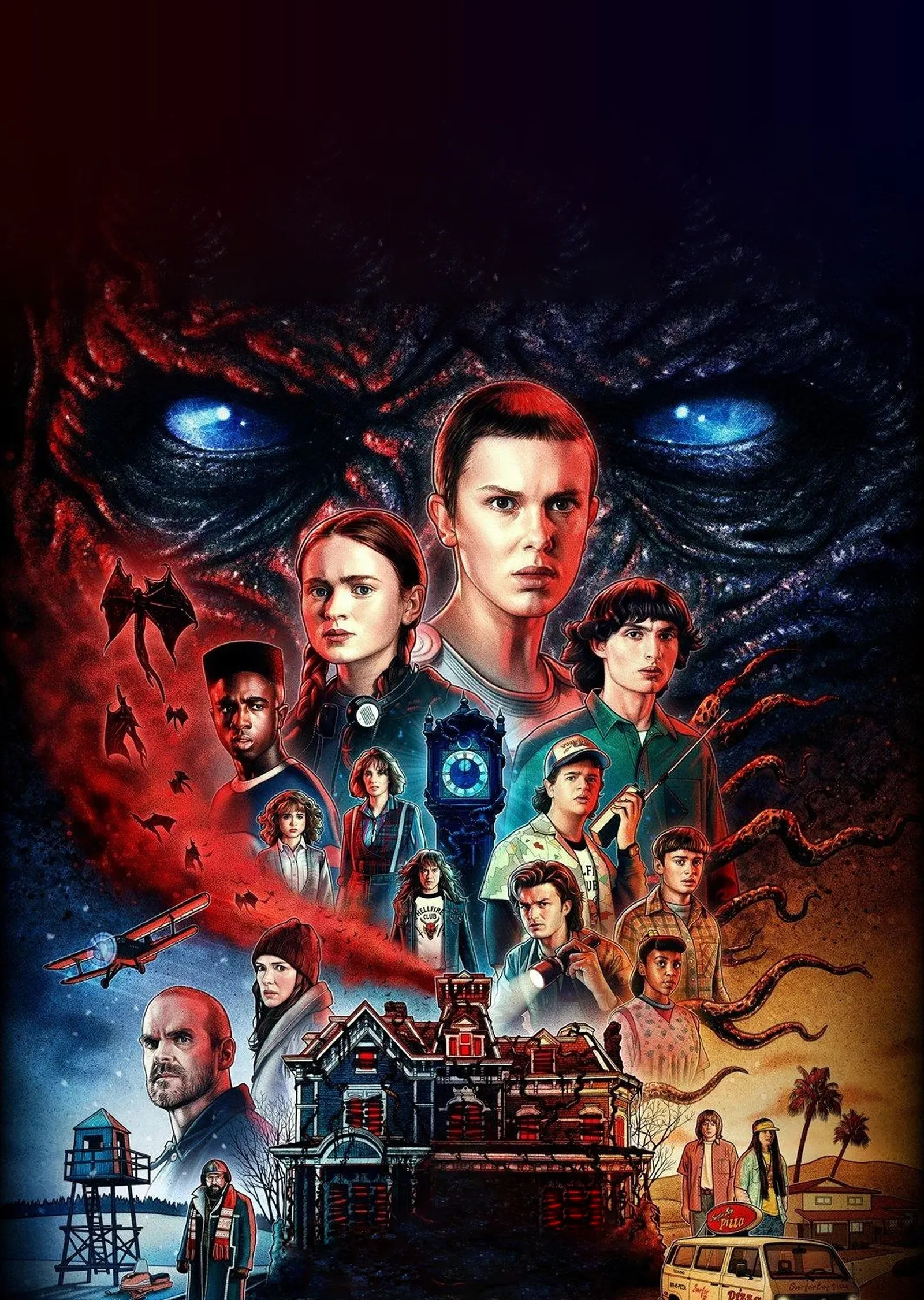 Stranger Things - Kırmızı ve Mavi Tonlu Karakter Portreleri metal tablo