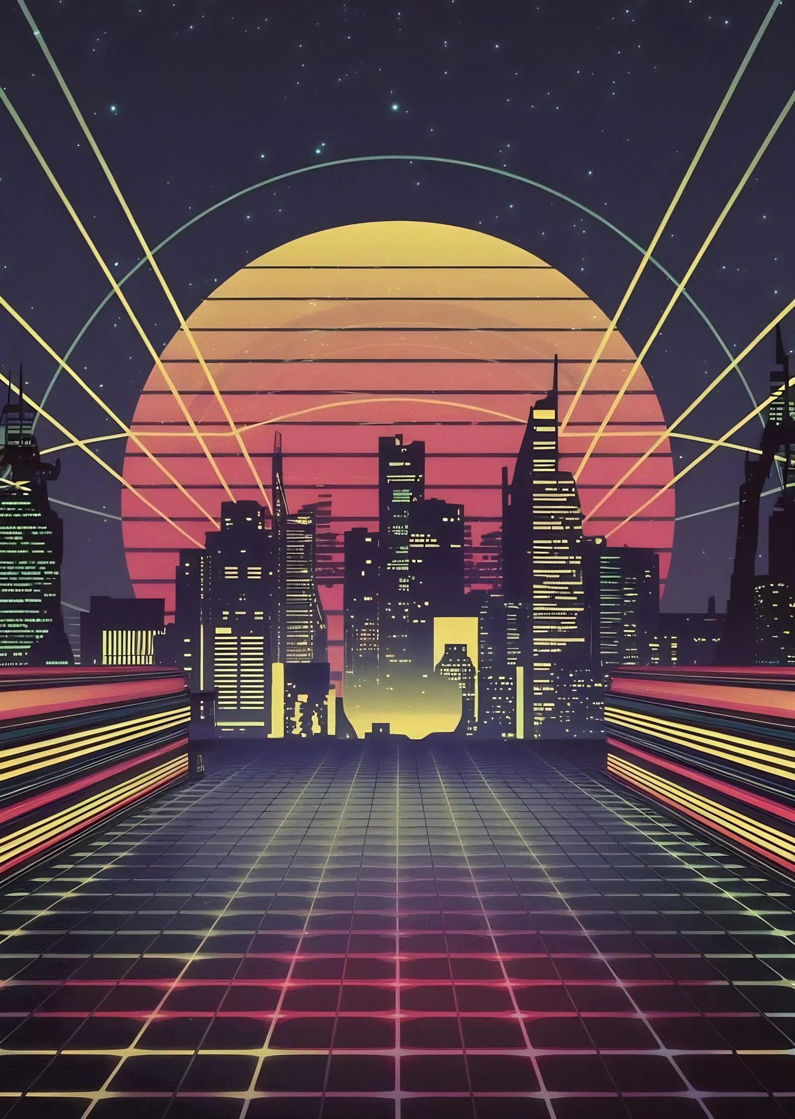 Retro Gelecek: Neon Şehir Manzarası metal tablo