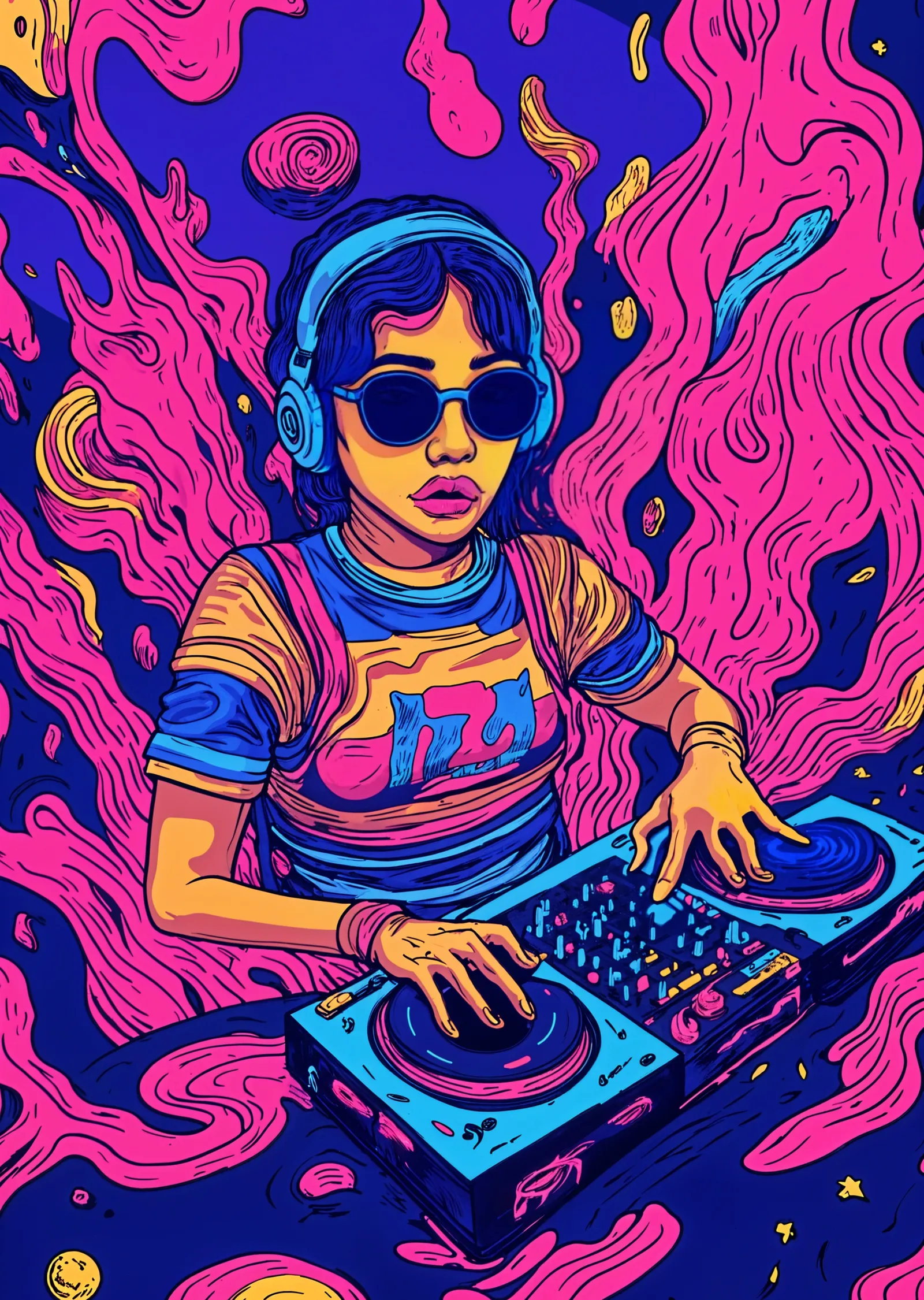 Mavi ve Pembeli DJ Kız Portresi metal tablo