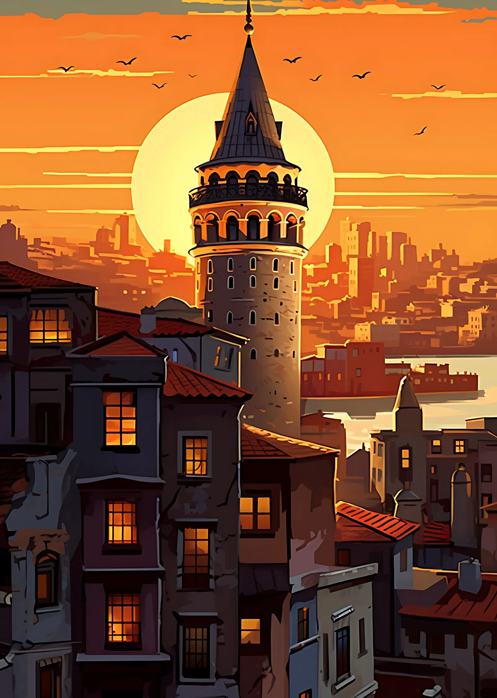 Galata Kulesi: Turuncu Gökyüzü ve Kırmızı Çatılı Binalar metal tablo