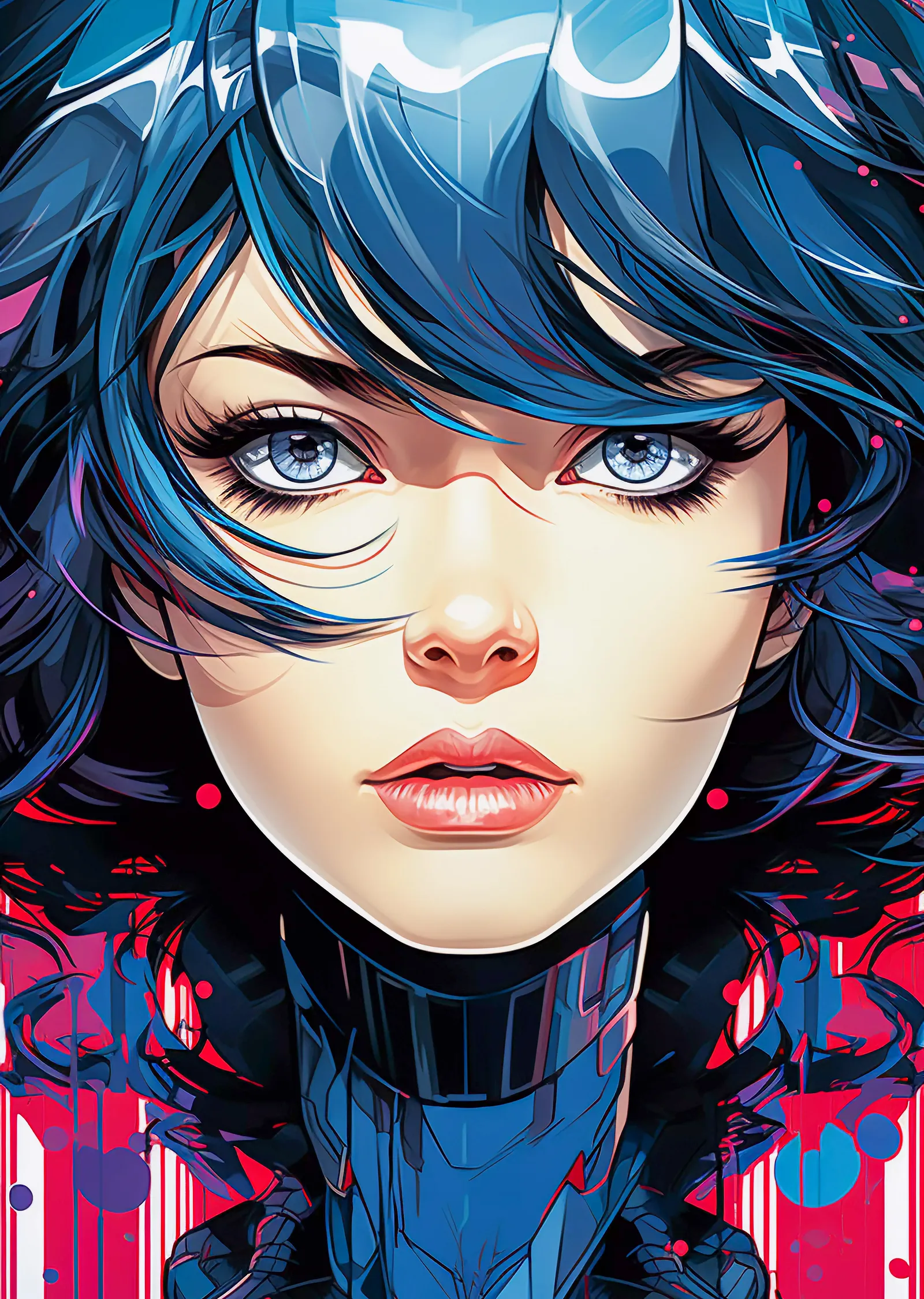 Mavi Saçlı Kız - Cyberpunk Stil Metal Poster metal tablo