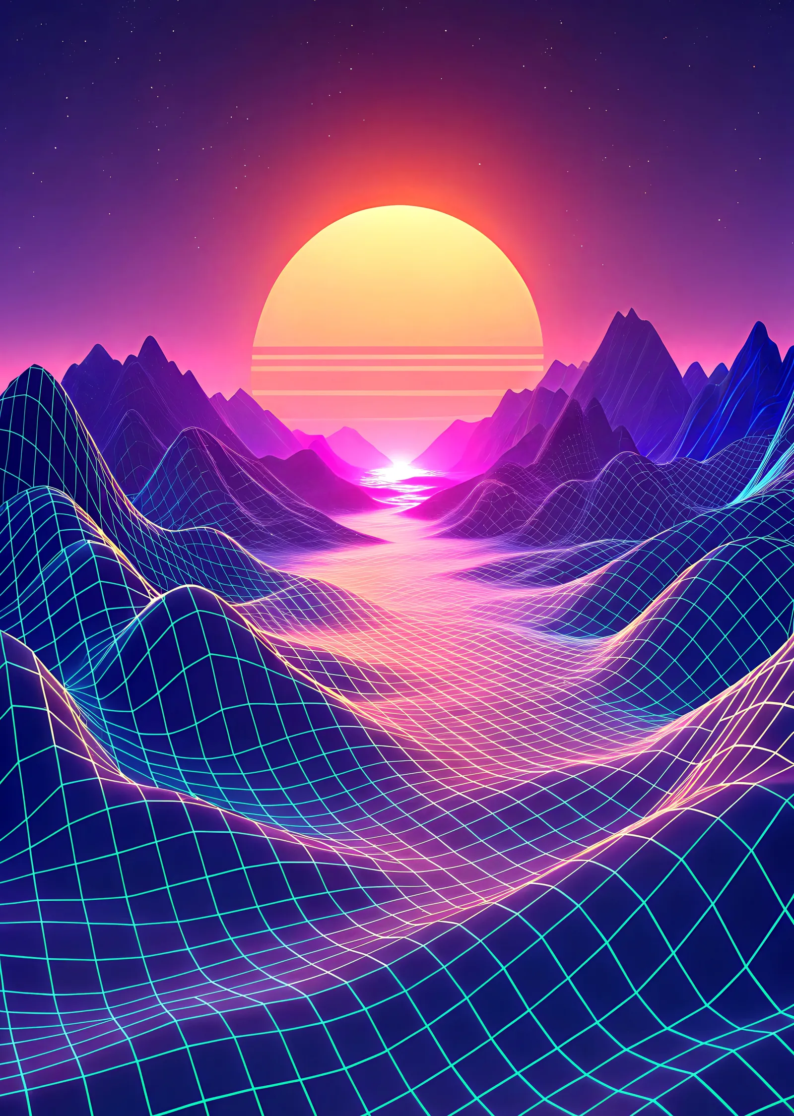 Retro Gelecek: Neon Dağlar ve Güneş metal tablo