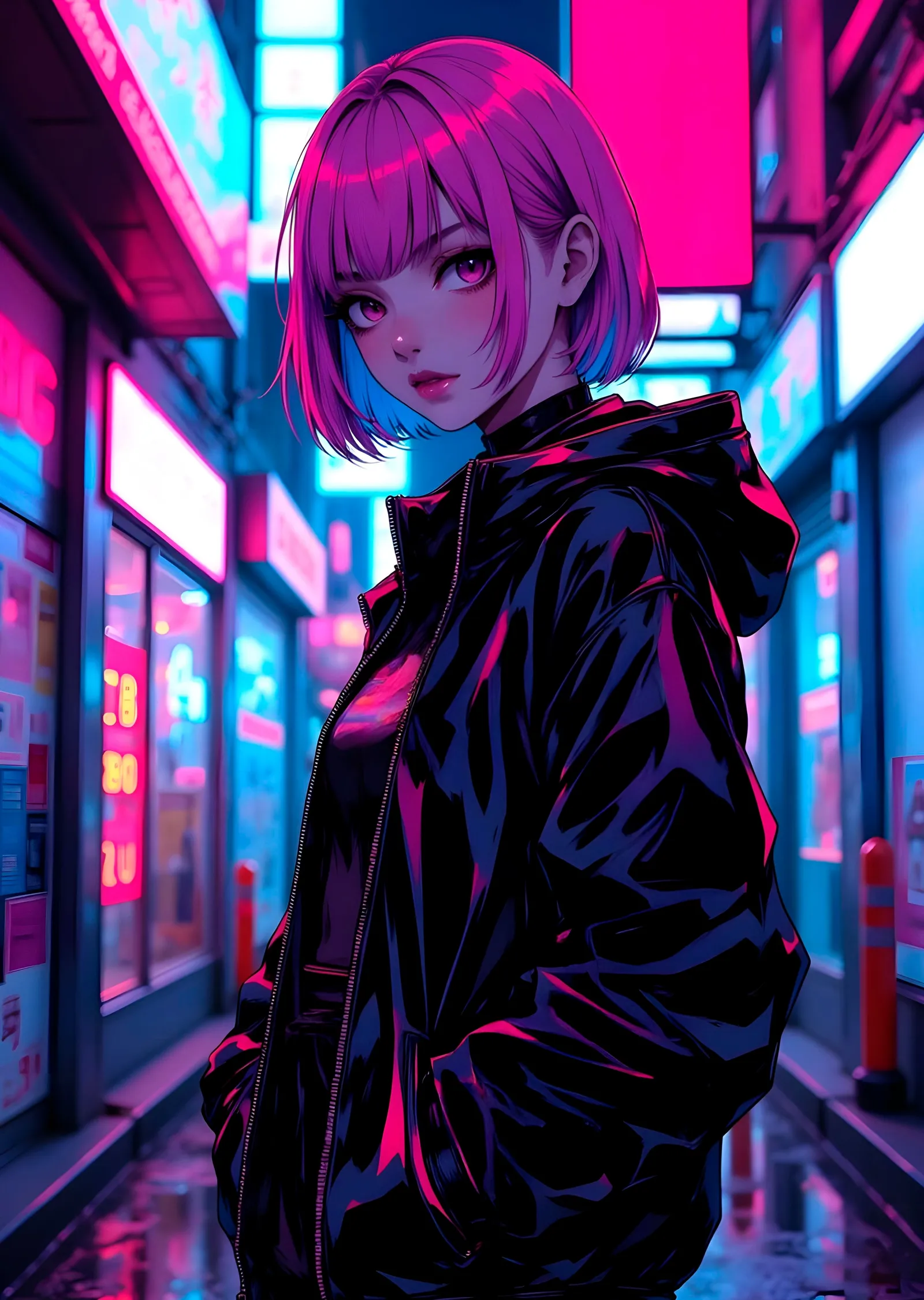 Cyberpunk Kız: Neon Işıklar Arasında metal tablo