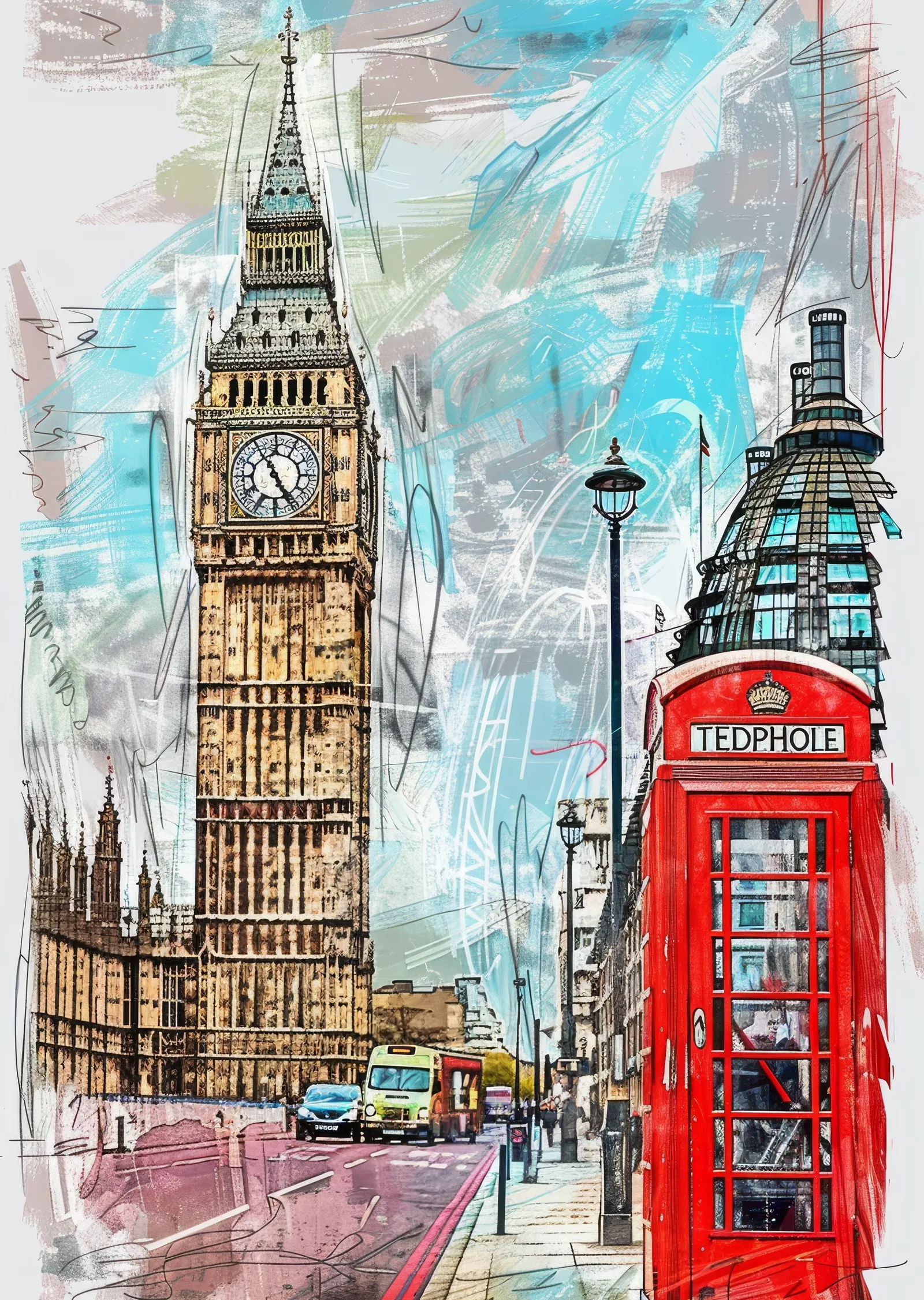 Big Ben ve Kırmızı Telefon Kulübesi - Londra Sokak Görünümü metal tablo