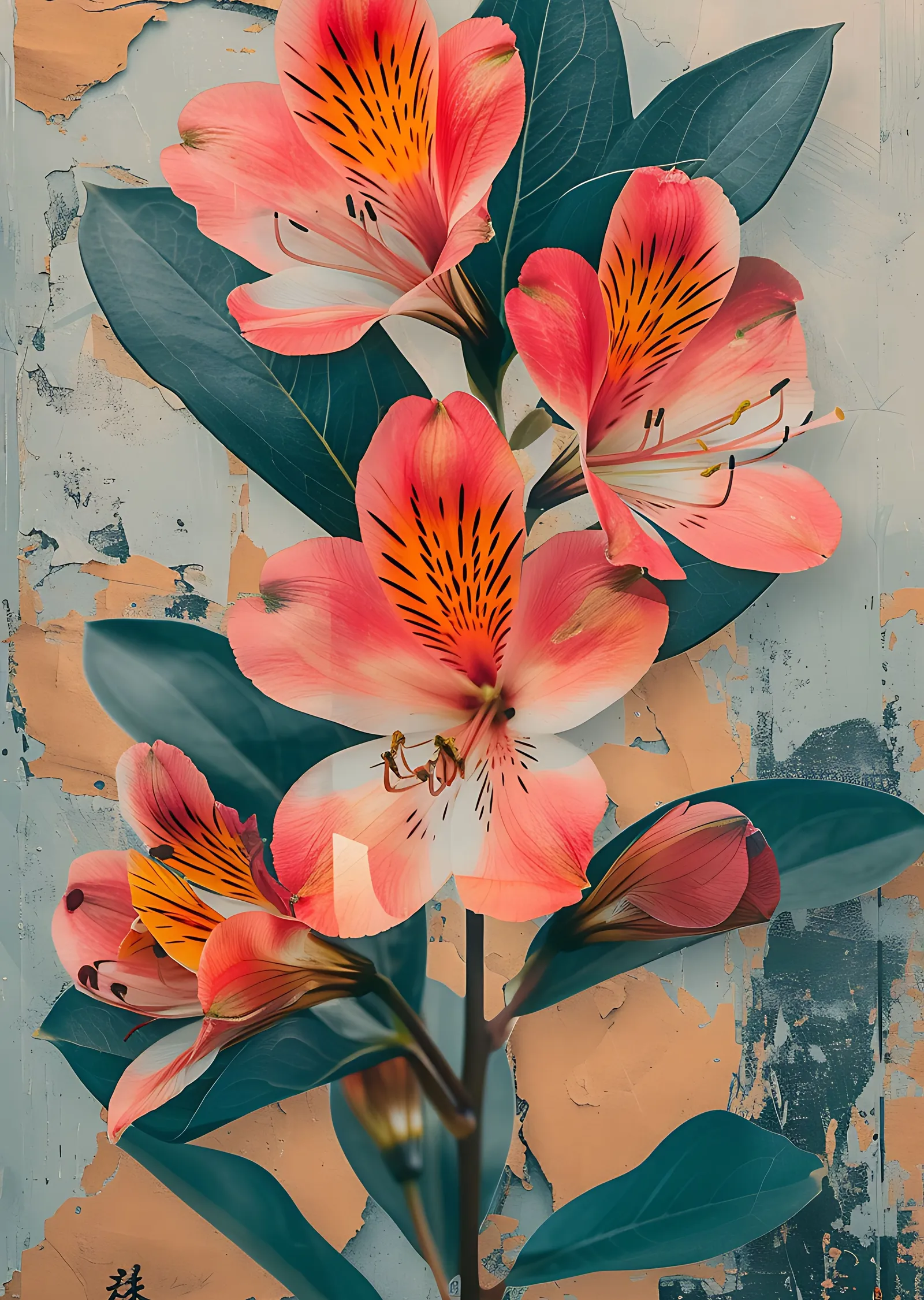 Pembe Alstroemeria Çiçekleri ve Lacivert Yapraklar metal tablo