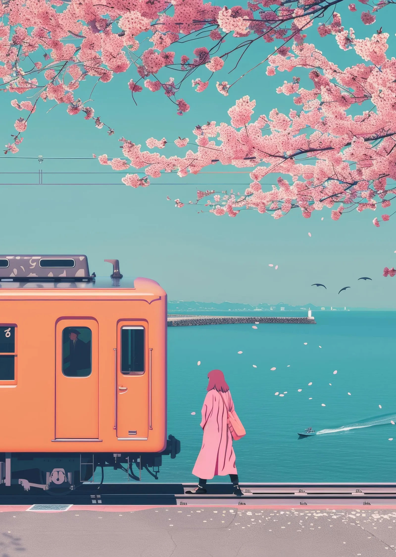 Sakura ve Tren: Bahar Manzarası metal tablo