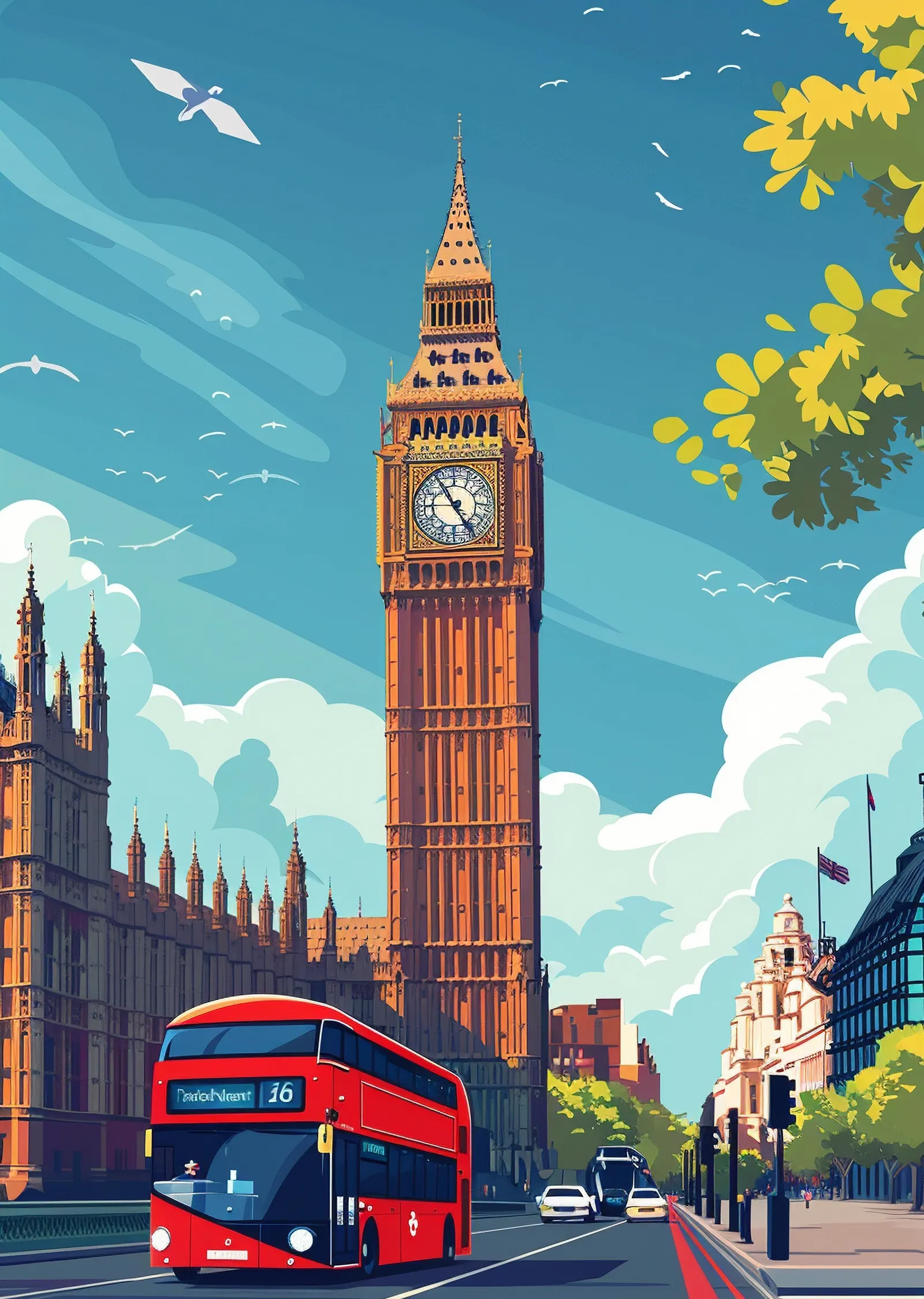 Kırmızı Otobüslü Londra - Big Ben metal tablo