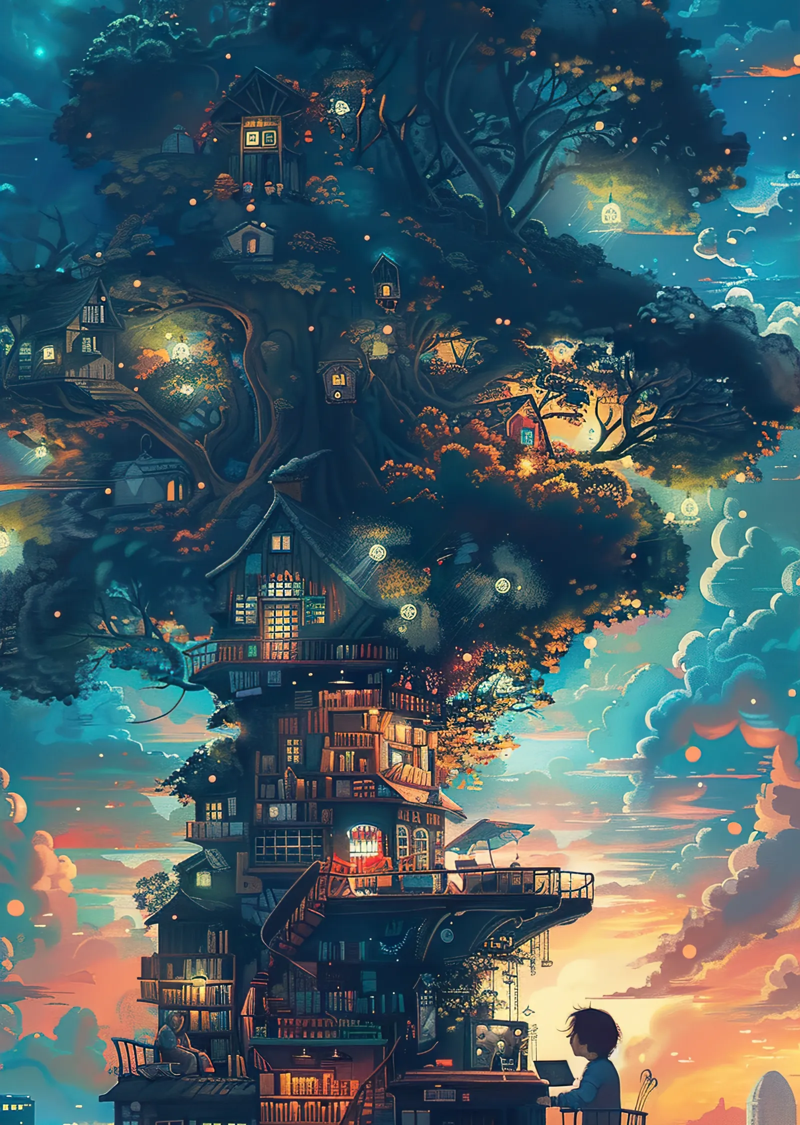Gece Gökyüzünde Ağaç Ev - Treehouse in The Sky at Night metal tablo