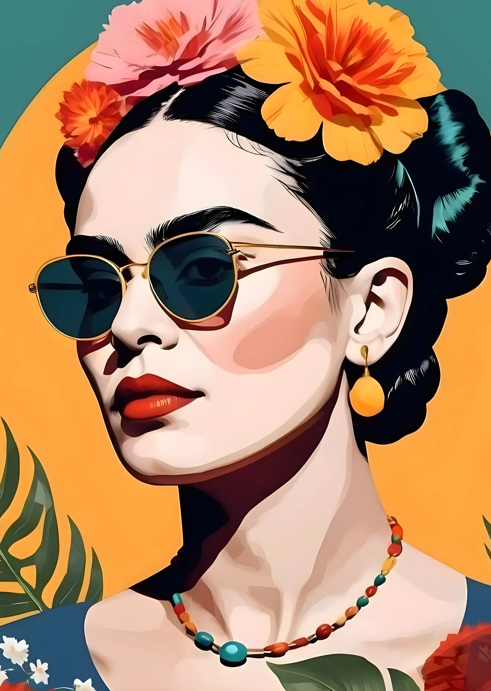 Frida Kahlo: Gözlüklü Çiçekli Portre metal tablo