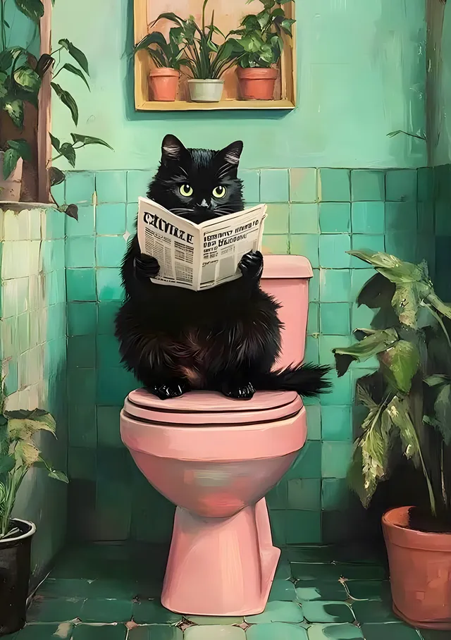 Tuvalette Okuyan Siyah Kedi metal tablo
