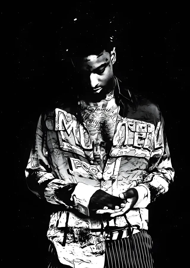 21 Savage: Gri Tonlarda Duruş metal tablo