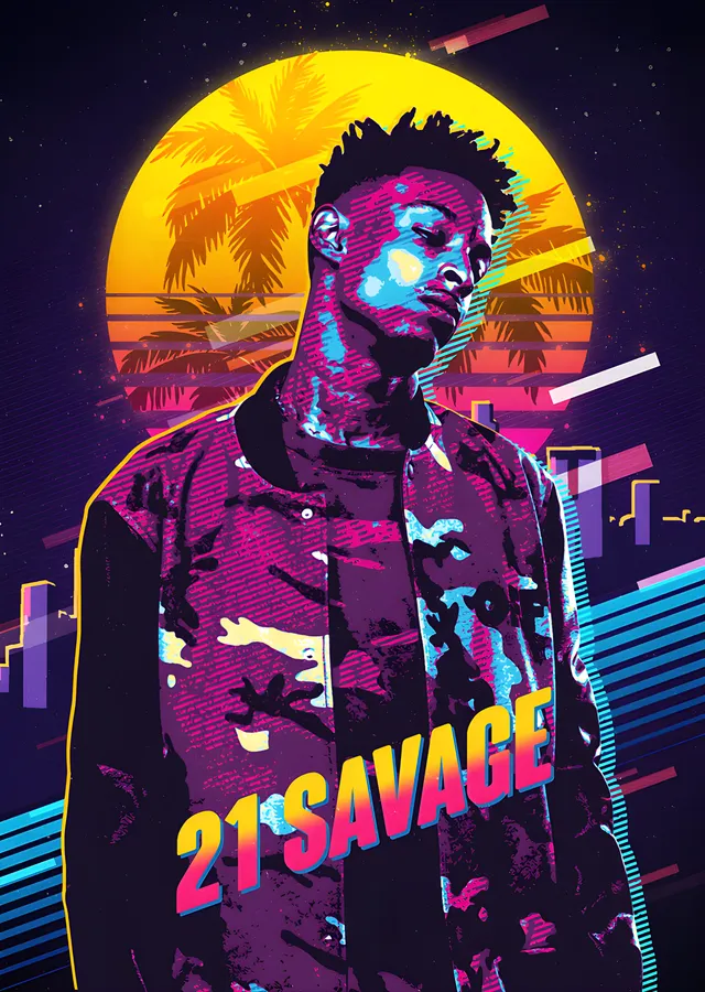 21 Savage: Neon Palmiye Silueti metal tablo