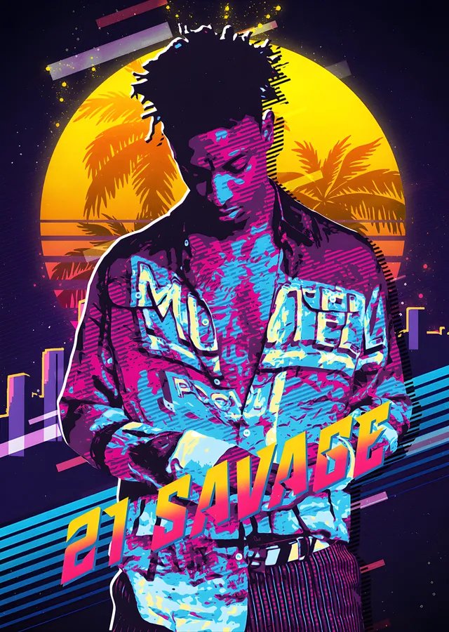 21 Savage: Synthwave Gün Batımı metal tablo