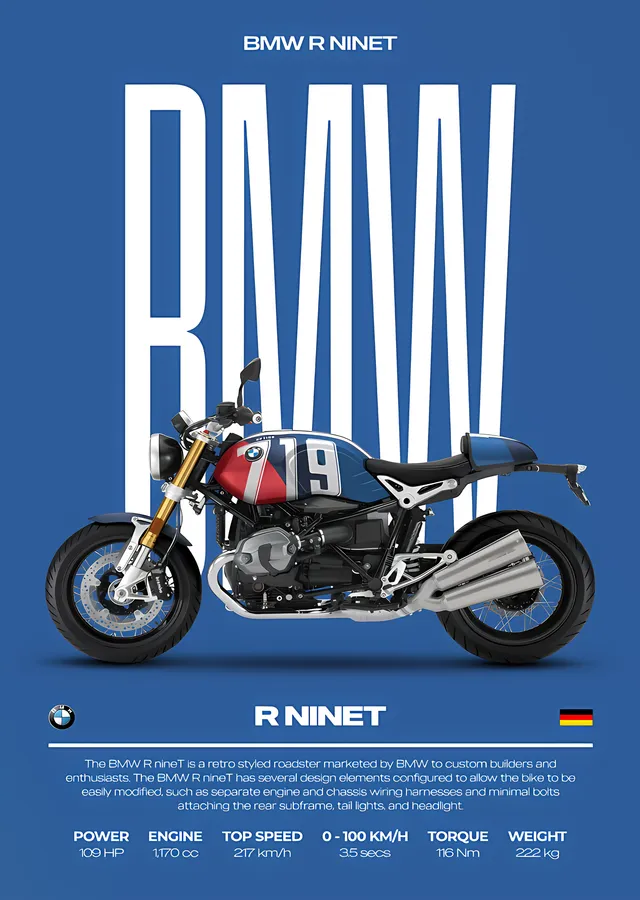 BMW R nineT - Mavi Zemin metal tablo