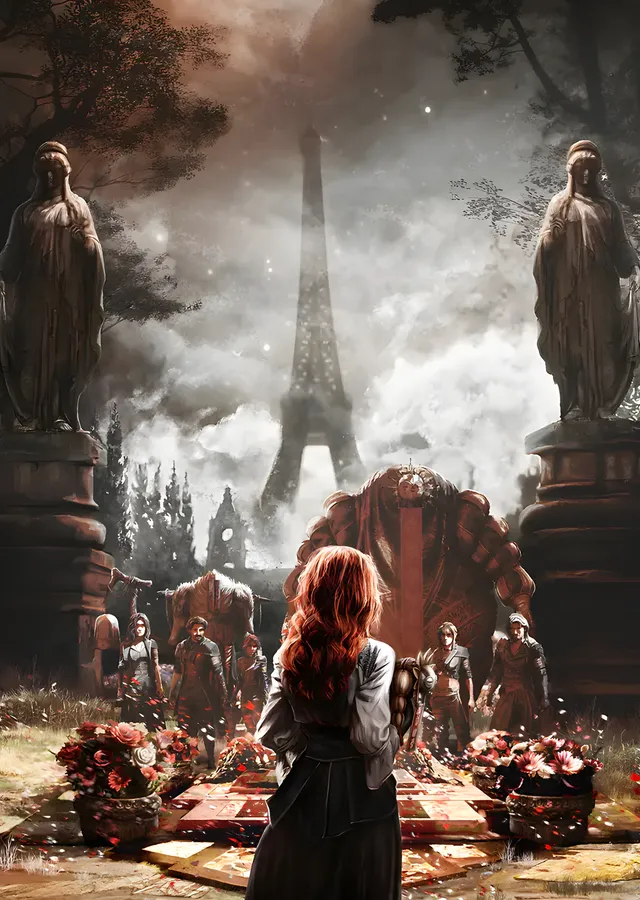 Clair Obscur: Expedition 33 - Kırmızı Saçlı Kız ve Eiffel metal tablo