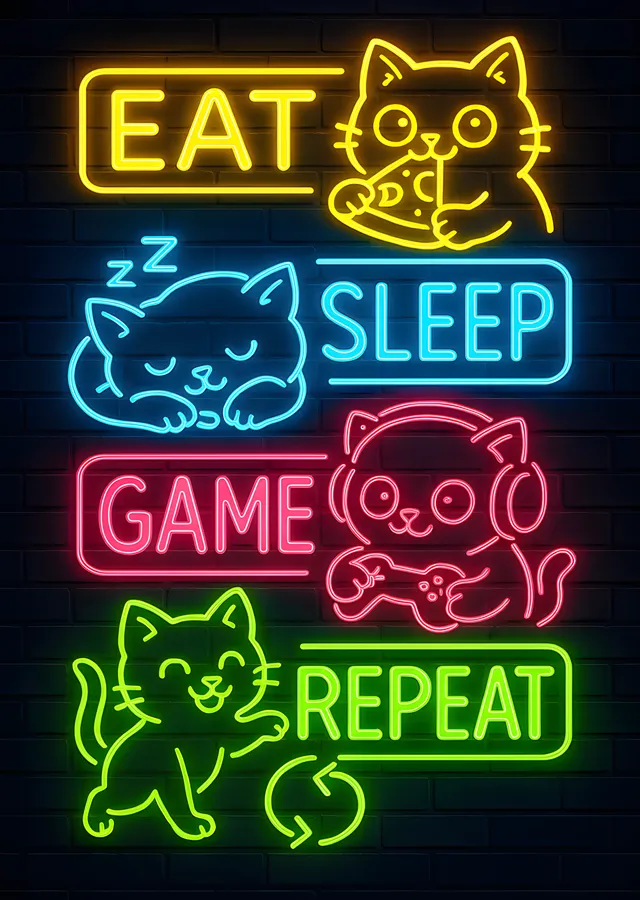 Eat Sleep Game Repeat - Neon Kediler metal tablo