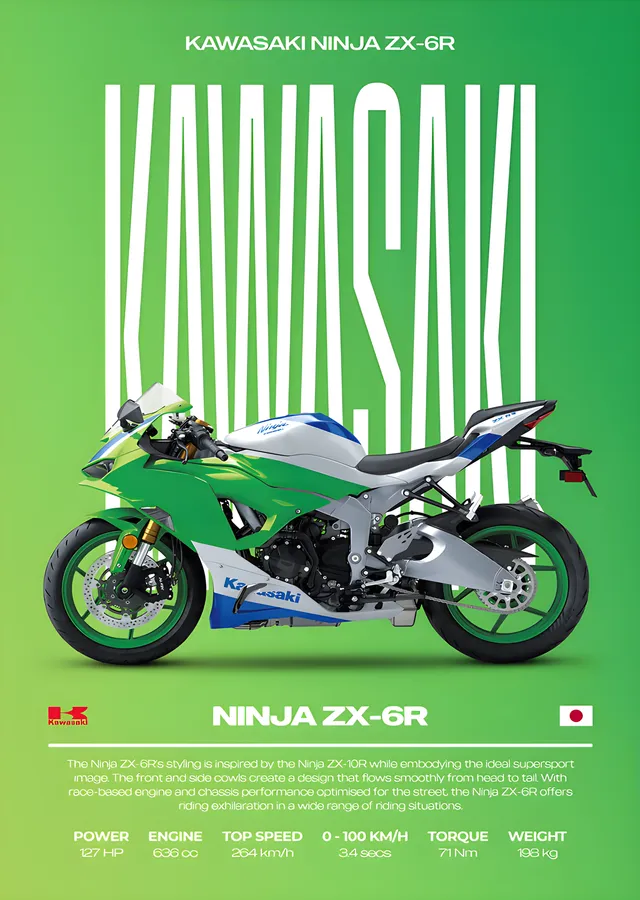 Kawasaki Ninja ZX-6R - Yeşil Zemin metal tablo