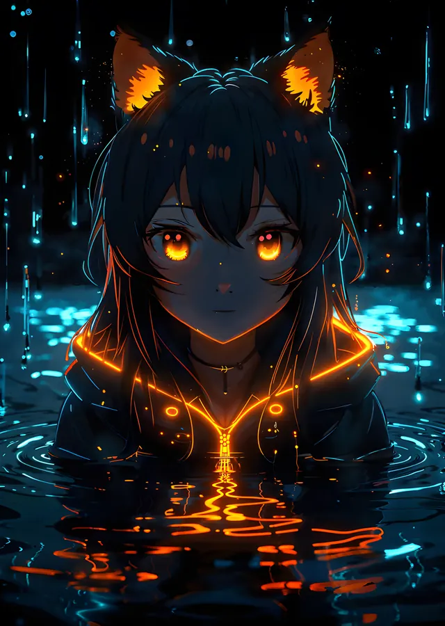 Neon Kedi Kız metal tablo