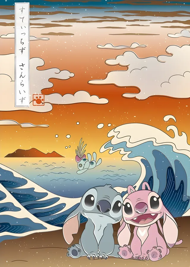 Stitch ve Angel: Ukiyo-e Sahili metal tablo