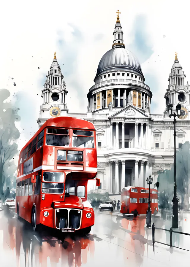 Londra - Kırmızı Otobüs ve Katedral metal tablo