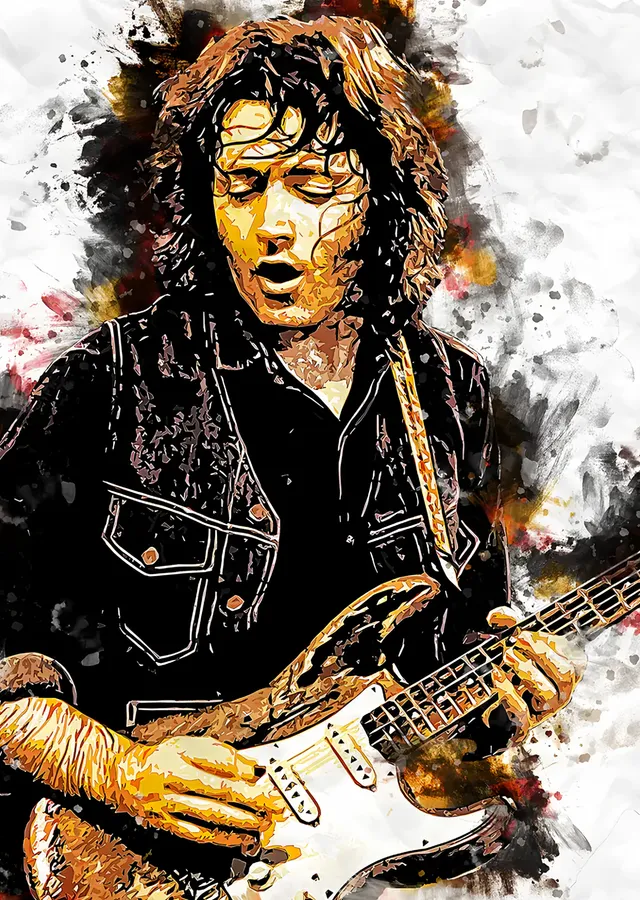Altın Fırçada Uzun Saçlı Blues Gitaristi metal tablo