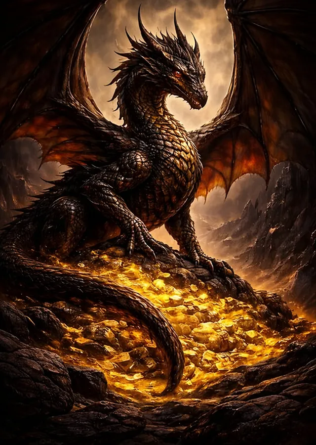 Altın Yığını Üzerinde Ejderha metal tablo
