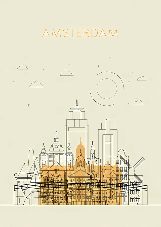 Amsterdam - Altın Çizgi Silueti metal tablo