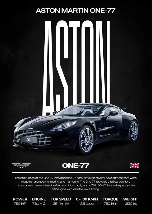 Aston Martin One-77: Siyah Zeminde Önden Görünüm metal tablo