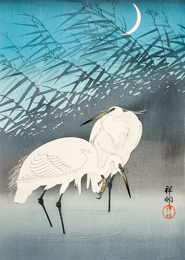 Ay Işığında Ak Balıkçıllar - Ohara Koson metal tablo