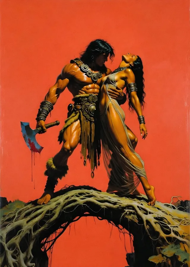 Barbar ve Yoldaşı - Frank Frazetta metal tablo