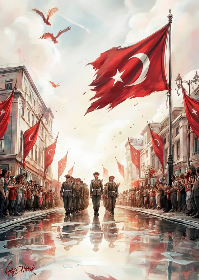 Bayraklı Caddede Tören Yürüyüşü metal tablo