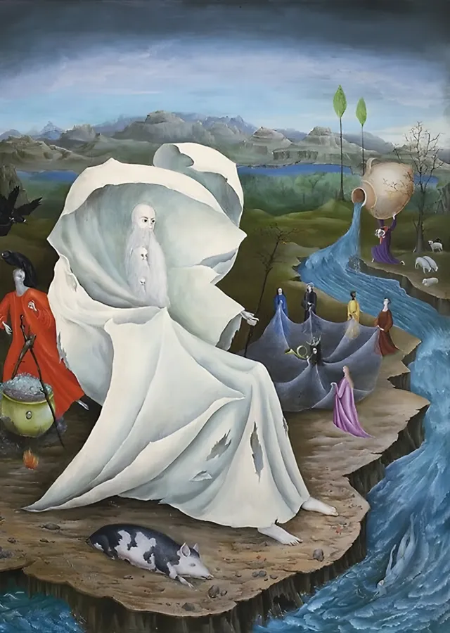 Beyaz Cübbeli Figürler - Leonora Carrington metal tablo
