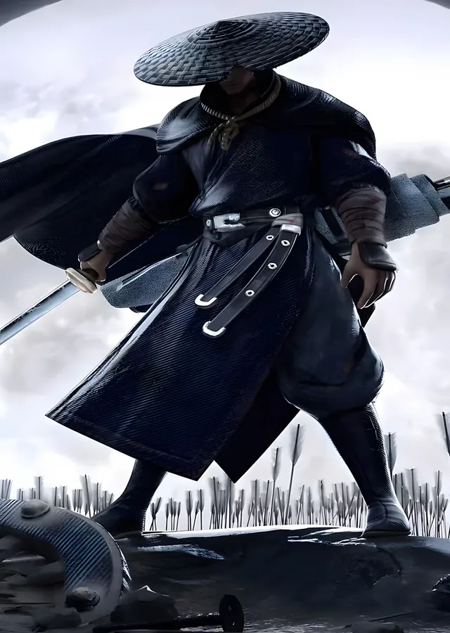 Beyaz Zeminde Hasır Şapkalı Ronin metal tablo