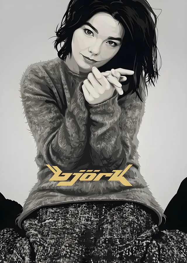 Björk: Gri Süveterde Portre metal tablo