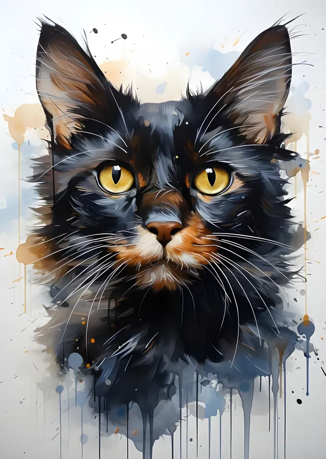 Suluboya Siyah Kedi - Damlayan Boya Portresi metal tablo