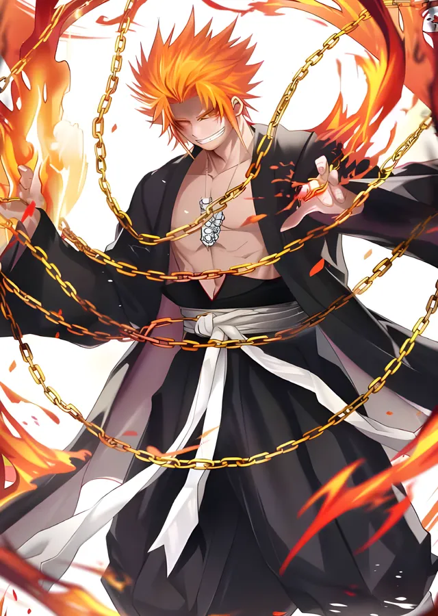 Bleach - Ichigo ve Alevli Altın Zincirler metal tablo