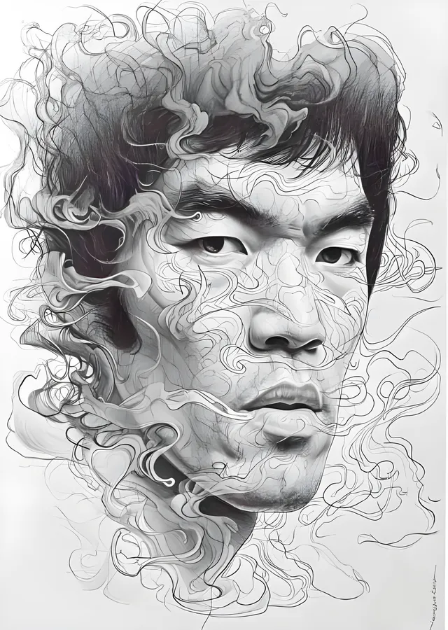Bruce Lee - Kıvrımlı Kurşun Kalem Çizgileri metal tablo