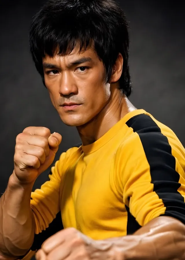Bruce Lee: Sarı Eşofmanla Duruş metal tablo