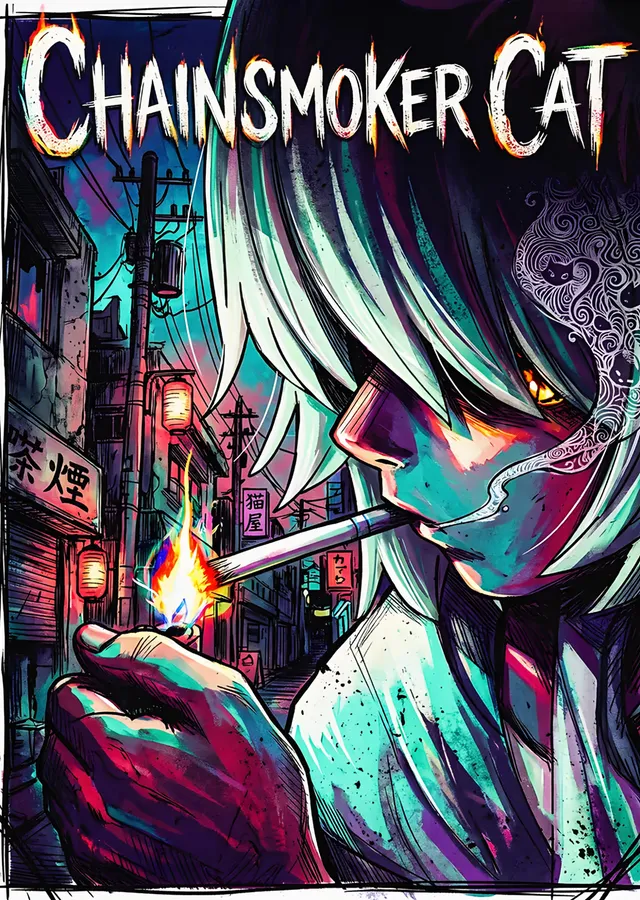 Chainsmoker Cat: Neon Sokakta Alev metal tablo
