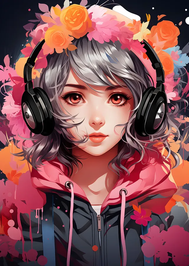 Çiçek Taçlı Kulaklıklı Anime Kız metal tablo