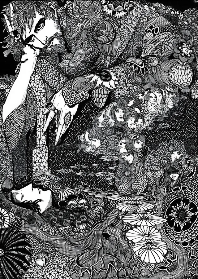 Çiçekler Arasında Figürler - Harry Clarke metal tablo
