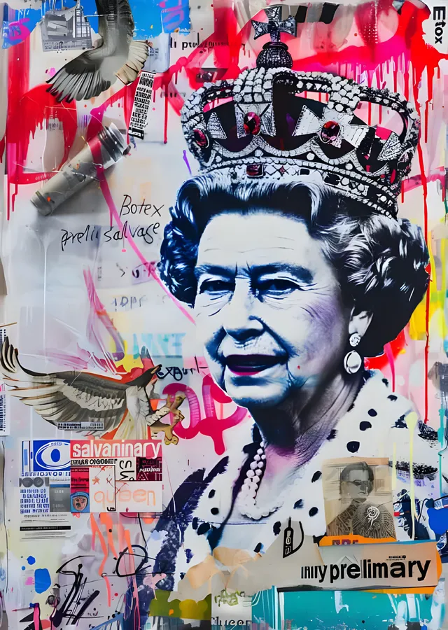 Kraliçe Elizabeth II - Sokak Sanatı Kolajı metal tablo