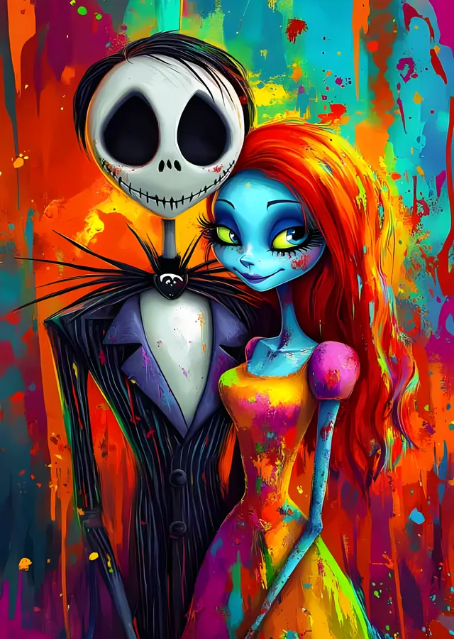 Jack ve Sally - Renkli Sıçrama Sanatı metal tablo