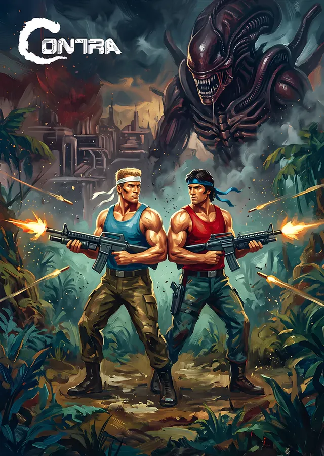 Contra: Uzaylı Kalesi Önünde İki Komando metal tablo