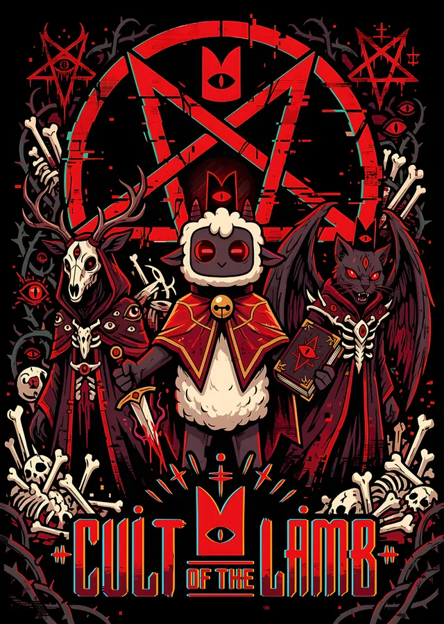Cult of the Lamb: Pentagramda Taçlı Kuzu metal tablo