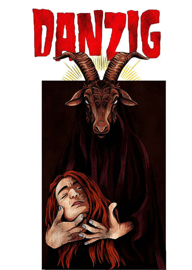 Danzig: Kızıl Zeminde Koç Kafası ve Kadın metal tablo