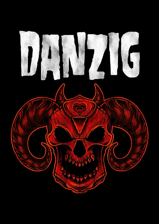Danzig: Siyah Zeminde Kızıl Boynuzlu Kafatası metal tablo