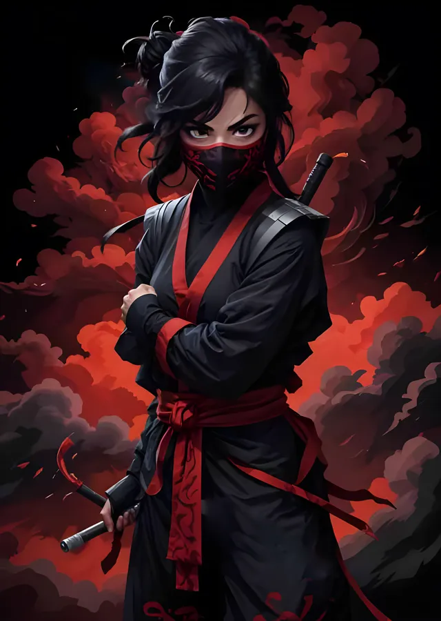 Kırmızı Dumanda Maskeli Kadın Ninja metal tablo