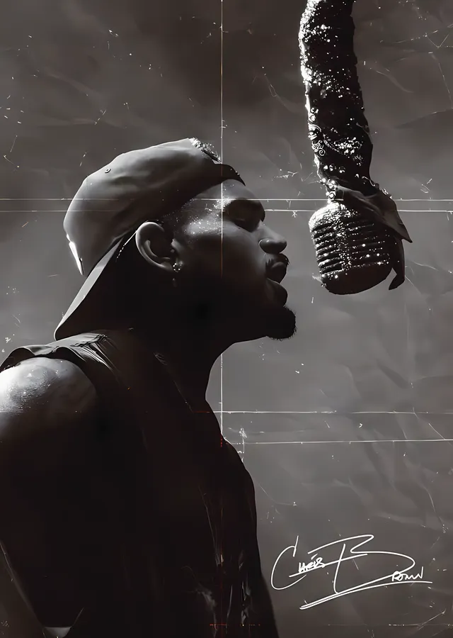 Chris Brown - Siyah Beyaz Mikrofon Portresi metal tablo