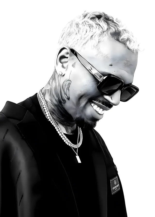 Chris Brown - Gülümseyen Siyah Beyaz Portre metal tablo